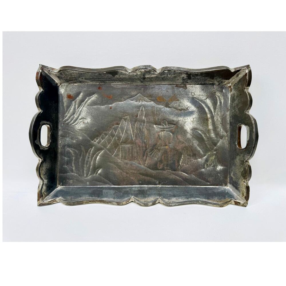 Vintage Mexican Embossed Metal Folk Art Serving Tray